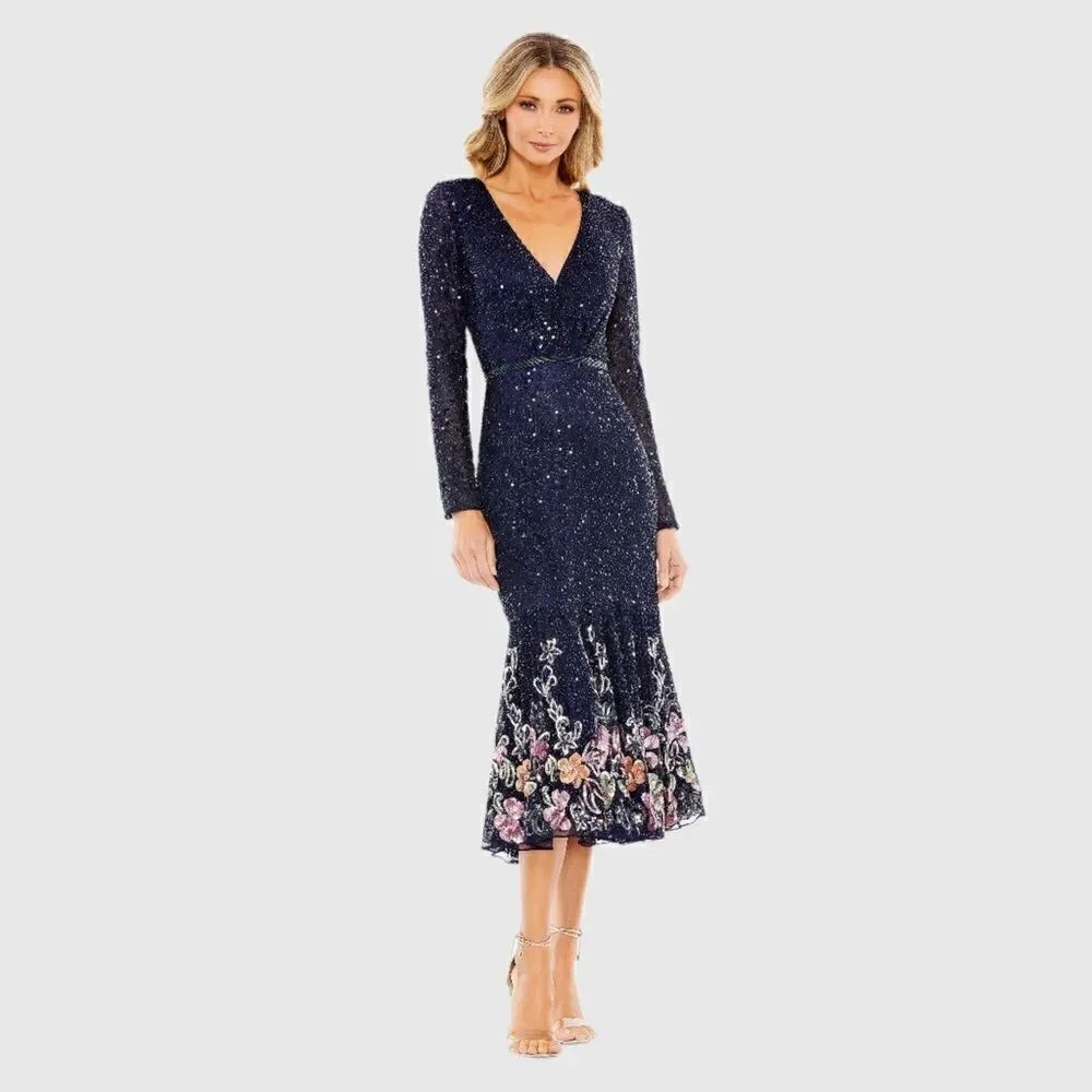 MAC DUGGAL 5589 Womens Blue Faux Wrap Long Sleeve Tea Length Dress